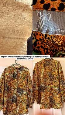 Vintage 80s JP Collections Leopard Big Cat Portrait Blouse Plus Size 22